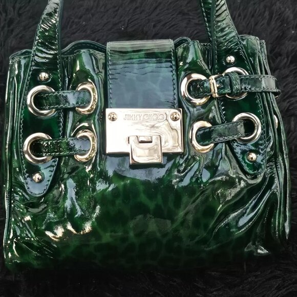 Jimmy Choo Shoulder Bag Roquette Bag Green Leopard Print Patent Leather Italy - Picture 2 of 14